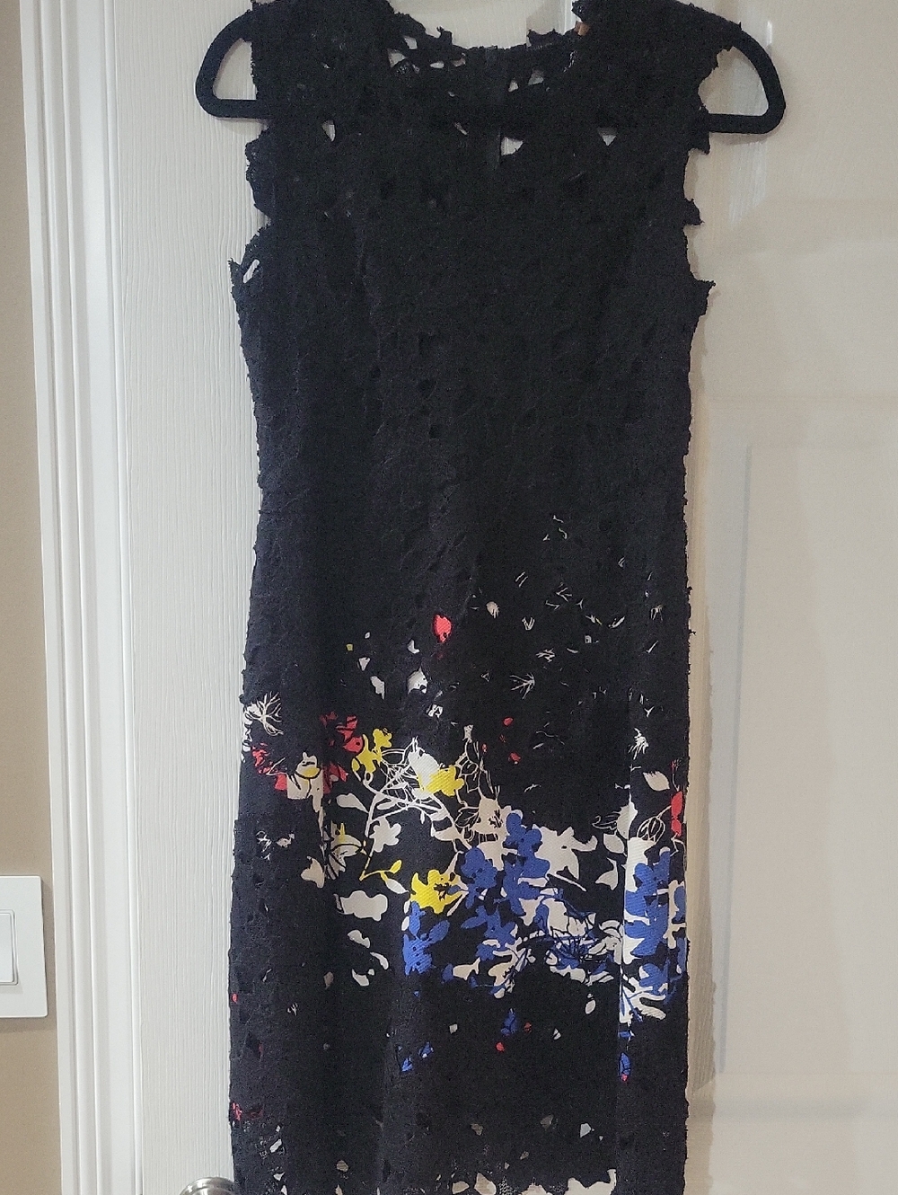 Elie Tahari Black Lace Midi Dress with Multicolor Floral Hem